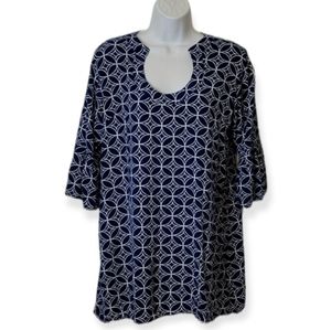 Escapade Navy Geometrical Patterned Bell Sleeved Tunic Top
